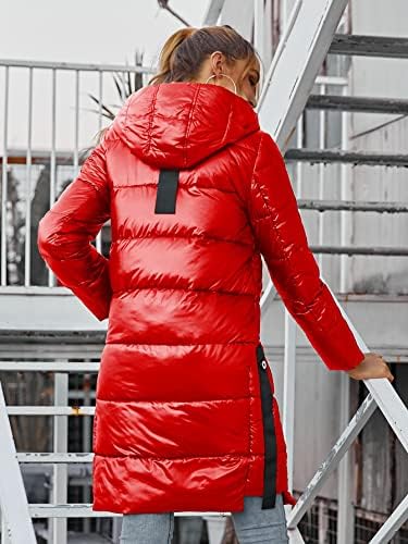 EDWOL Kabátok Női - Foltozott Részlet Ferde Zseb Cipzárral Fel Kapucnis Puffer Téli Kabát (Szín : Piros, Méret : X-Large)