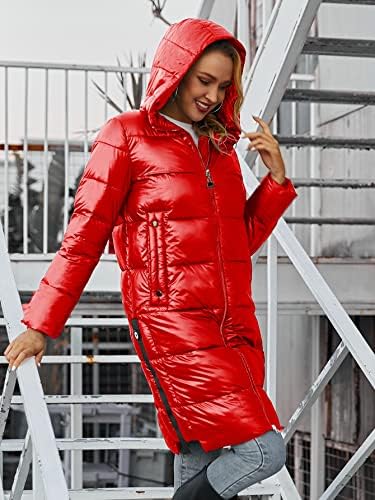 EDWOL Kabátok Női - Foltozott Részlet Ferde Zseb Cipzárral Fel Kapucnis Puffer Téli Kabát (Szín : Piros, Méret : Nagy)