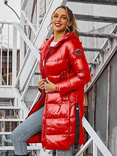 EDWOL Kabátok Női - Foltozott Részlet Ferde Zseb Cipzárral Fel Kapucnis Puffer Téli Kabát (Szín : Piros, Méret : X-Large)