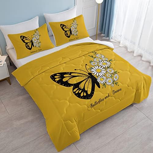 SOULZZZ Fekete Pillangó Vigasztaló Meghatározott Királynő - Puha Sárga Pillangó Ágynemű Szett a Százszorszép Virág 3 Darab