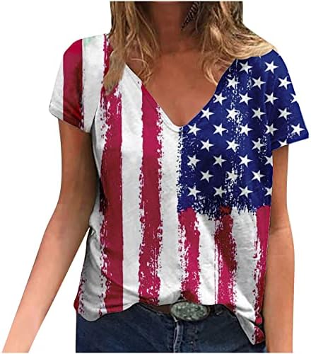 Alkalmi Felsők Női Rövid Ujjú Lezúduló Dekoltázs Spandex Szín Blokk USA Zászló Maximum Tshirts Tini Lányok N2