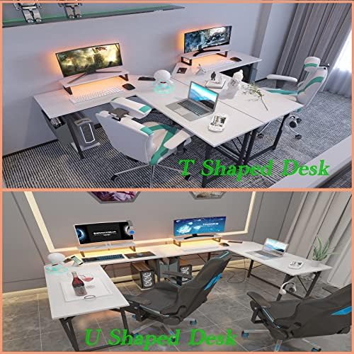 SZXKT Fehér L-Alakú Íróasztal, Monitor Állvány, fali aljzatból,Sarok Számítógép Asztal Tárolás, valamint a LED-es Lámpák,Szerencsejáték