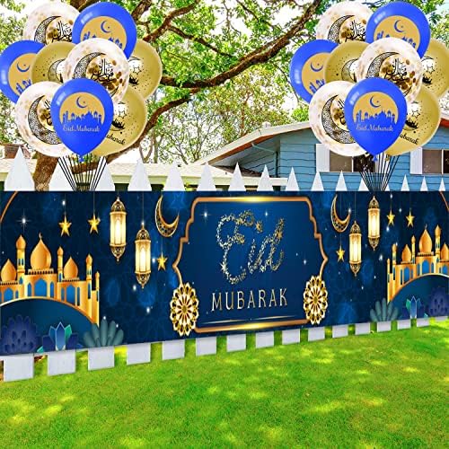 Eid Mubarak Dekorációk, 120 × 20in Hosszú Kék, Arany, Szövet, Banner 18PCS a Lufi Eid Parti Dekoráció, Eid Mubarak Háttér