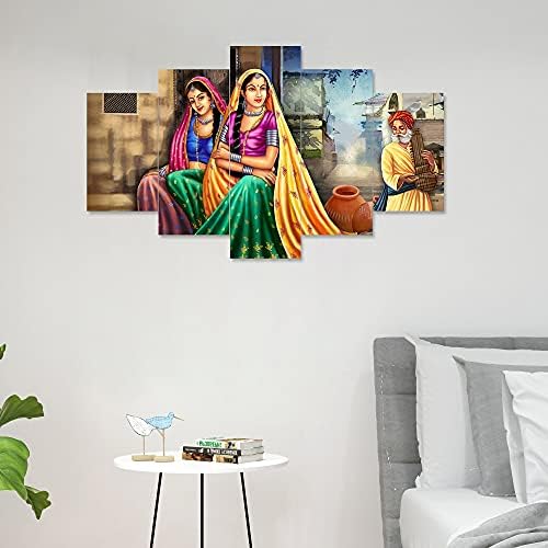 Saumic Kézműves Készlet 5 Rajasthani Falu Hölgy Táj, Keretes Fali Festmény Otthoni Dekoráció , Nappali , Nagy Méretű Fali