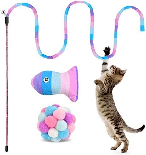 TUSATIY Macska Játékok 3 darabos Készlet, Szivárvány Macska Pálca Játékok, Macska String & Cat Labdát Bell & Macskamenta