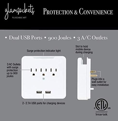 Glamsockets Dekoratív Fali túlfeszültségvédő 3 Üzletek, Kettős USB Töltő Port, majd a Telefon Tartó - USB Töltés Center/Multi