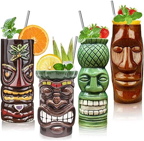 Tiki Bögre Készlet 4 – Kerámia Hawaii Fél Bögre Drinkware, Tiki Bar Bögrék Koktélok, Prémium Trópusi Csésze Ital Egzotikus